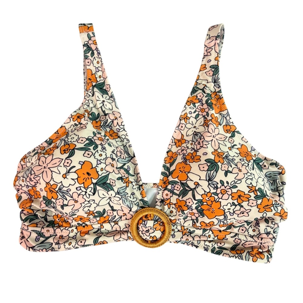 NWT Floral Bikini Top Orange Pink V-Neck Ring‎ Detail Swimwear Large NEW